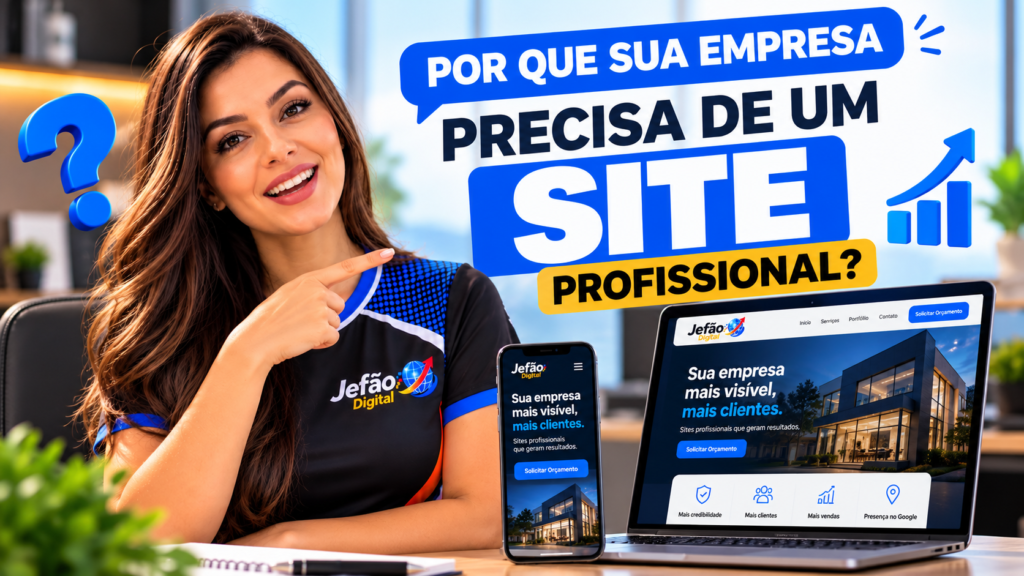 Bella, da Jefão Digital, apresenta a importância de um site profissional para empresas, com exemplos de sites em computador e celular.